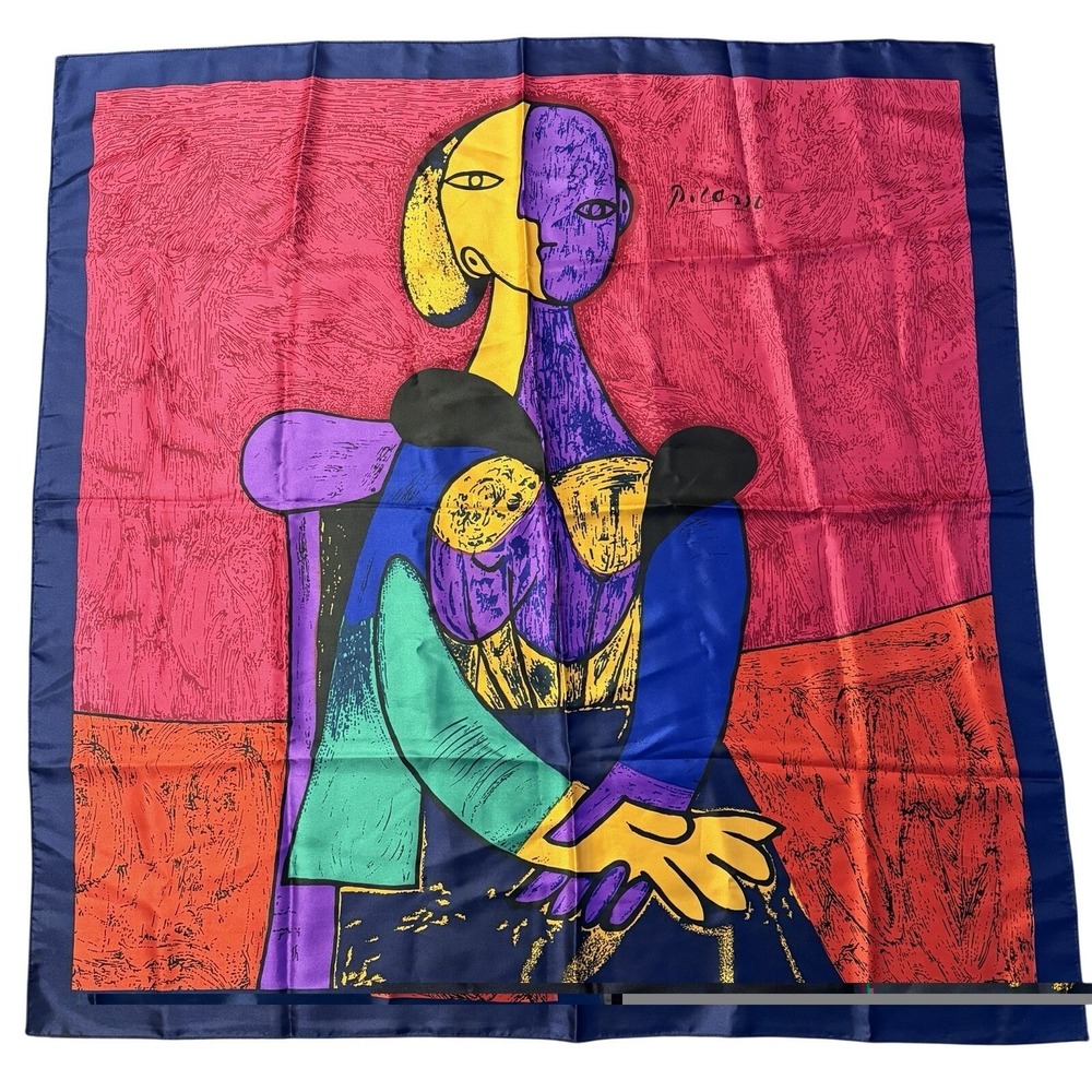 Vtg Pablo Picasso Art Seated Woman Vibrant Scarf 35"x34" Cubist Artist Abstract